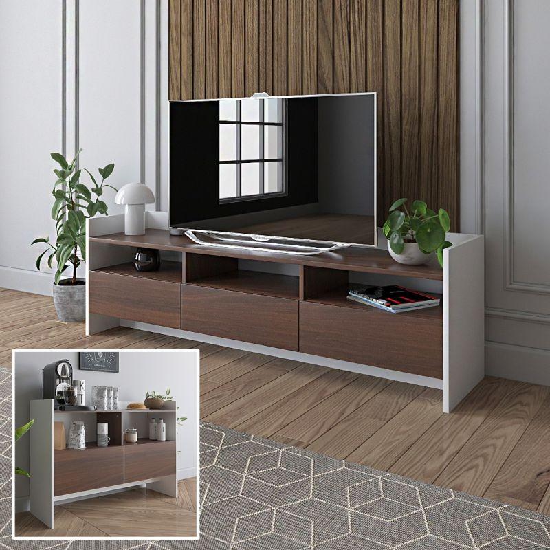TV Table and Coffee Corner Set, White and Brown: By Alhome - ALHOME