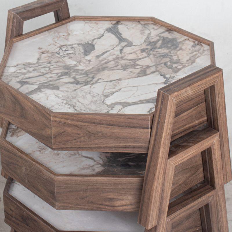 Set of 4+1 Round Wooden Floor Tables In Brown And Marble By Alhome - ALHOME