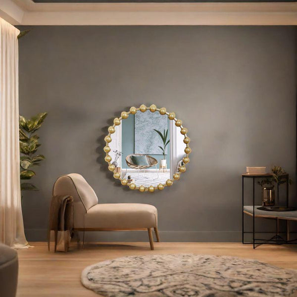 Round Wall Mirror with Side Decoration and Iron Frame - Gold - 63x63x3 cm - Family Ship - ALHOME