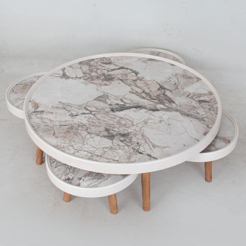 Set of 4+1 Round White Marble Wooden Floor Tables By Alhome - ALHOME