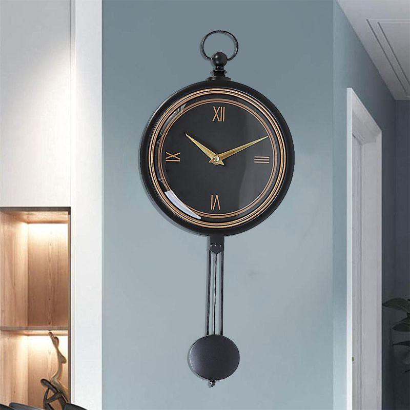 Classic Pendulum Battery Operated Plastic Circular Wall Clock - Brown And Gold - 20X45X4 Cm - - By Family Ship - ALHOME