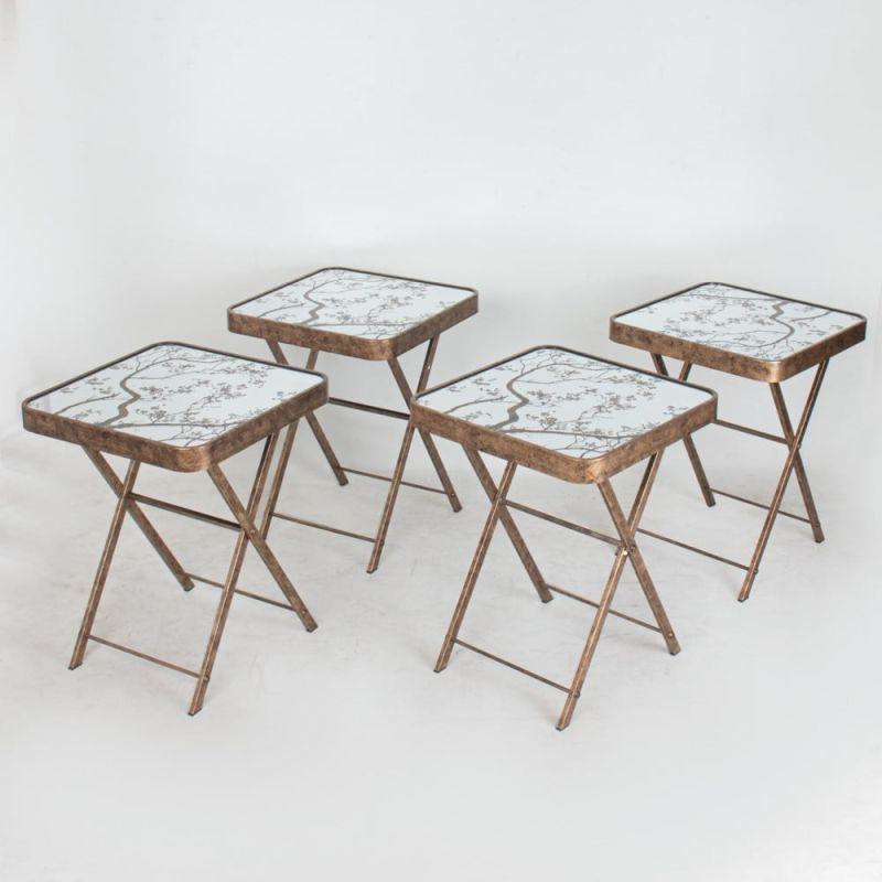 4+1 Wooden Service Tables Set With Mirrors And Moving Trolley - Antique Gold - By Alhome - ALHOME