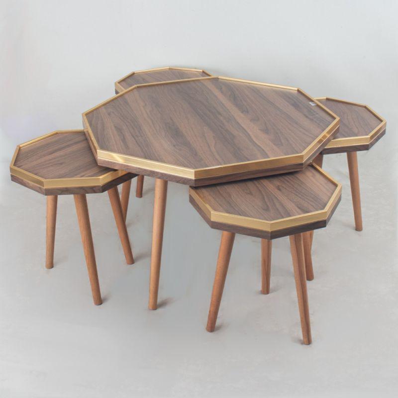 Table Set Of 5 With Golden Edges And Brown Wooden Bases By Alhome - ALHOME