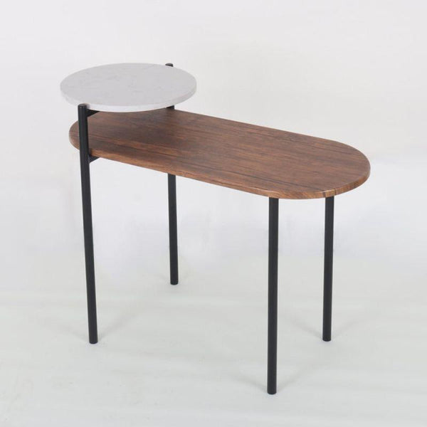 Single Table With Black Metal Bases Two Wooden Surfaces And A Circular White Marble Top By Alhome - ALHOME