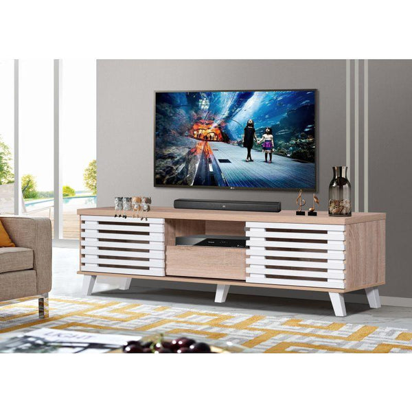 Tv Table With Mesh Doors - Wooden And White - 160x40x46.5 cm - By Baity - ALHOME