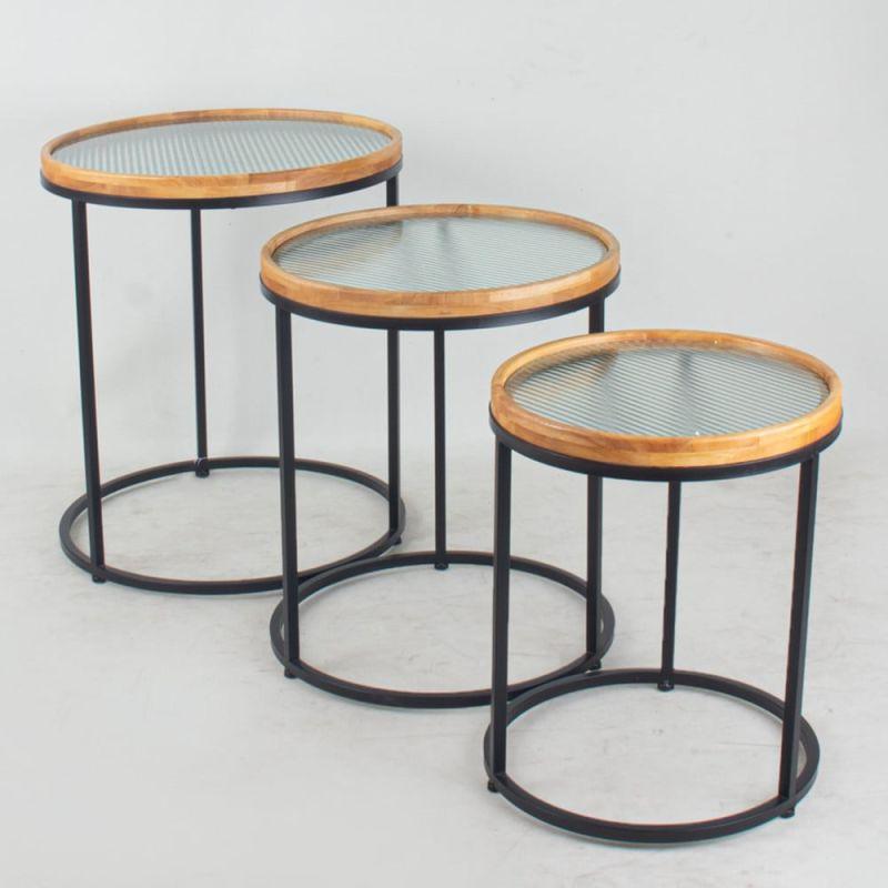 Set of Circular Tables With Iron Bases And A Glass Top With Wooden Edges By Alhome - ALHOME