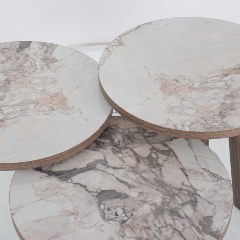 Set of 3 Circular Wooden Service Tables In Brown And Marble By Alhome - ALHOME