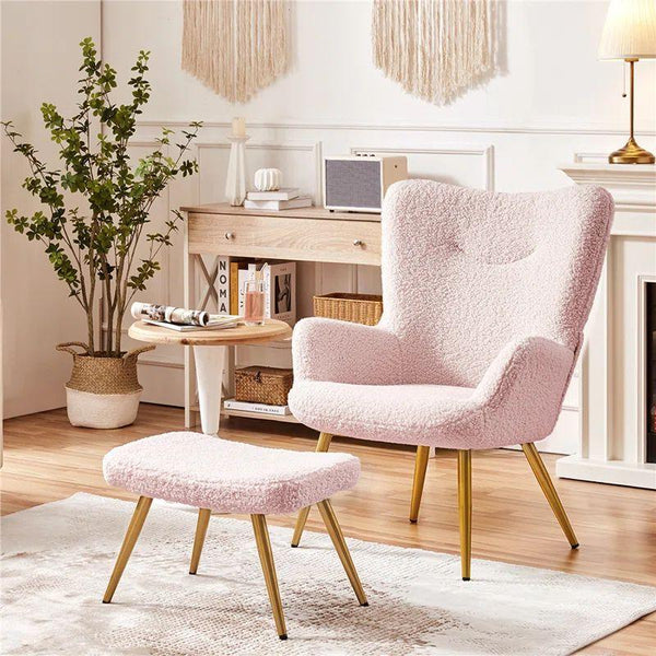 Blush Pink Boucle Chair and Pouf Set Swedish Wood By Alhome - ALHOME