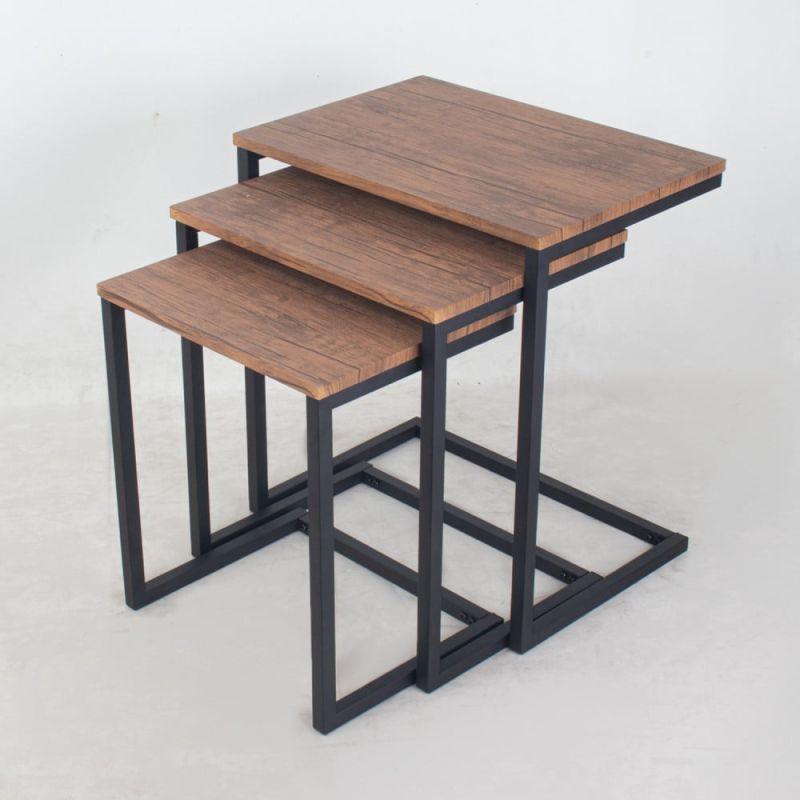 Set of Service Tables With Iron Bases And A Wooden Top In Brown And Black By Alhome - ALHOME