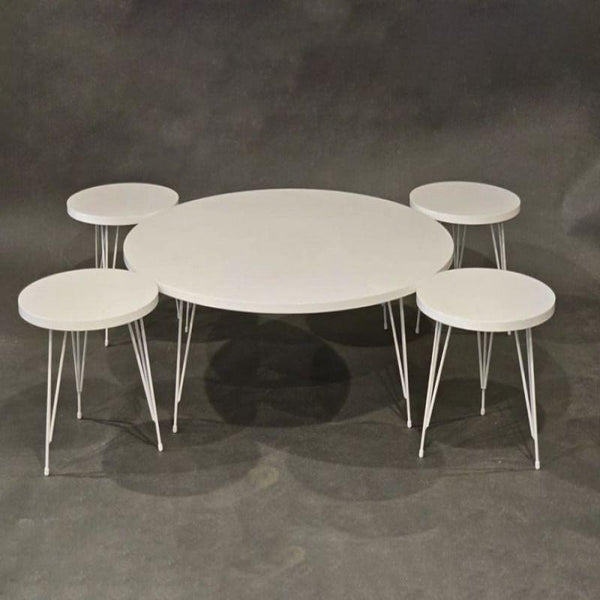 Set of 4+1 round service tables with a wooden top and iron bases in white By Alhome - ALHOME