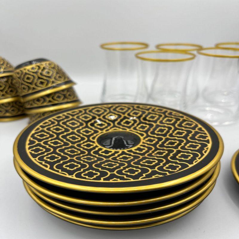 Cups And Coasters Set - 24 Pieces - Black And Gold - By Alhome - ALHOME