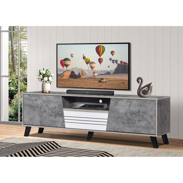 Tv Table With Storage Drawers Made Of Malaysian Wood - Gray And White - 160x40x49 cm - By Baity - ALHOME