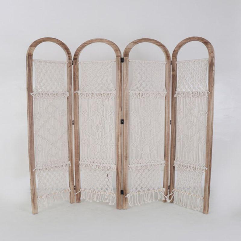 Hollow Wooden Partition 4 Pieces - Wood + Fabric - White And Beige - 110111952 - By Alhome - ALHOME