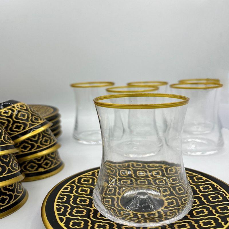 Cups And Coasters Set - 24 Pieces - Black And Gold - By Alhome - ALHOME