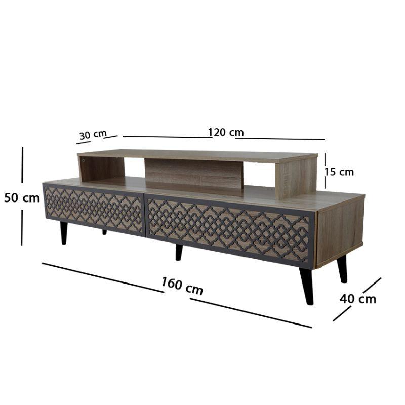 Tv Table With Ornate Carvings From Malaysian Wood - Brown And Grey - 160x40x50 - From Baity - ALHOME