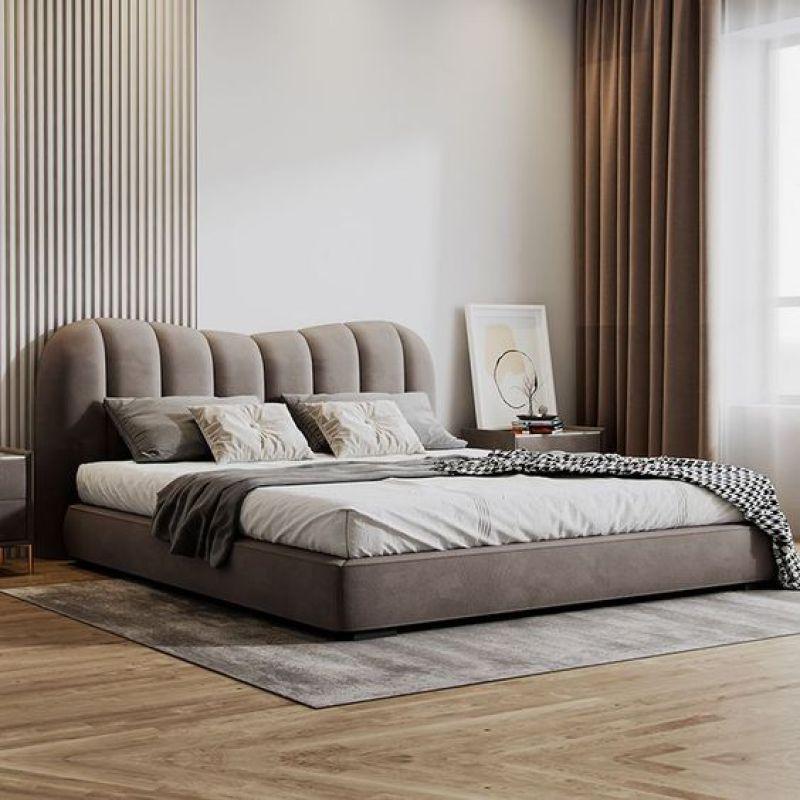 King Bed in Gray Velvet with Swedish Wood Frame By Alhome - ALHOME