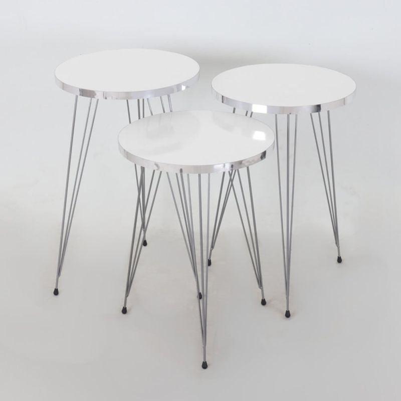 Set of 3 circular service tables with a wooden top and iron bases in white and silver By Alhome - ALHOME