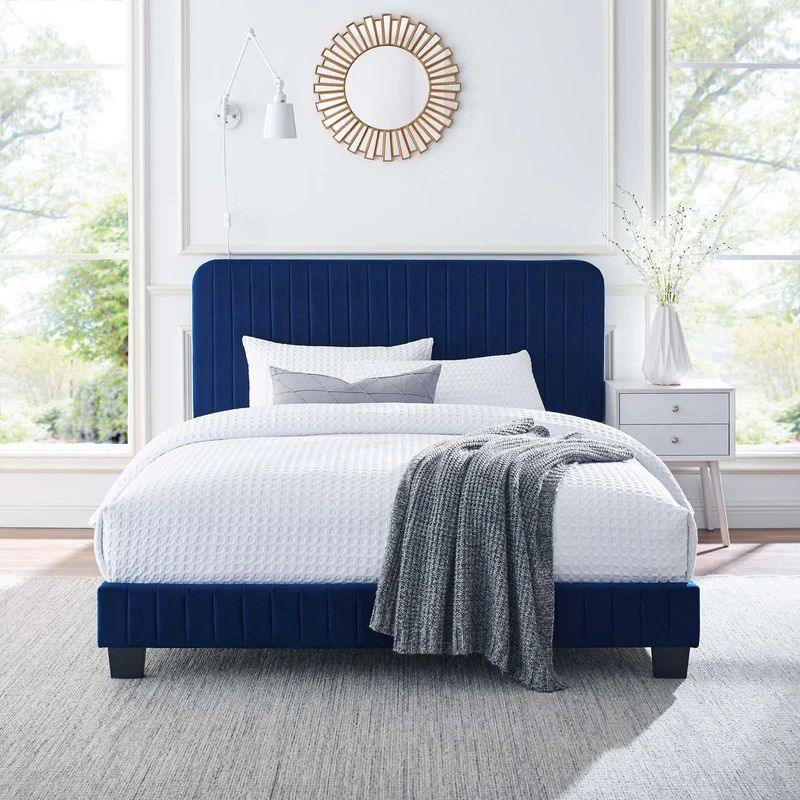 Queen Bed in Blue Velvet with Swedish Wood Frame By Alhome - ALHOME