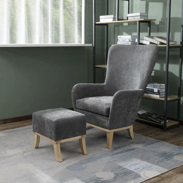 Charcoal Gray Velvet Chair and Pouf Set Swedish Wood By Alhome - ALHOME