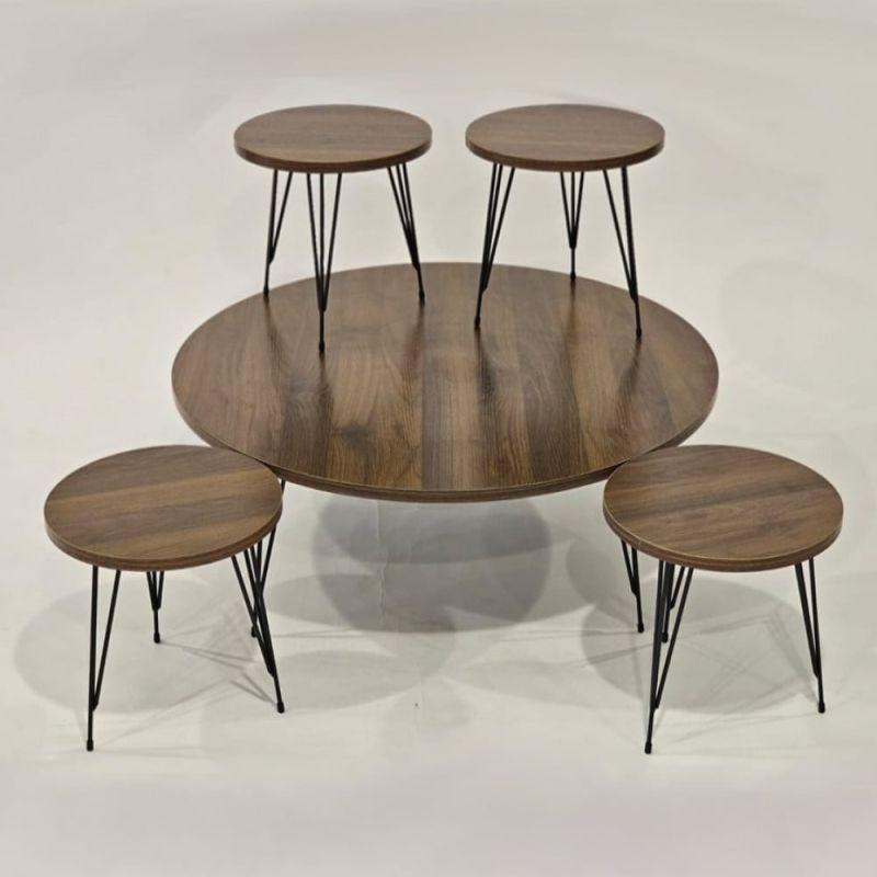 Set of 4+1 circular service tables with an iron top and iron bases in black brown color By Alhome - ALHOME