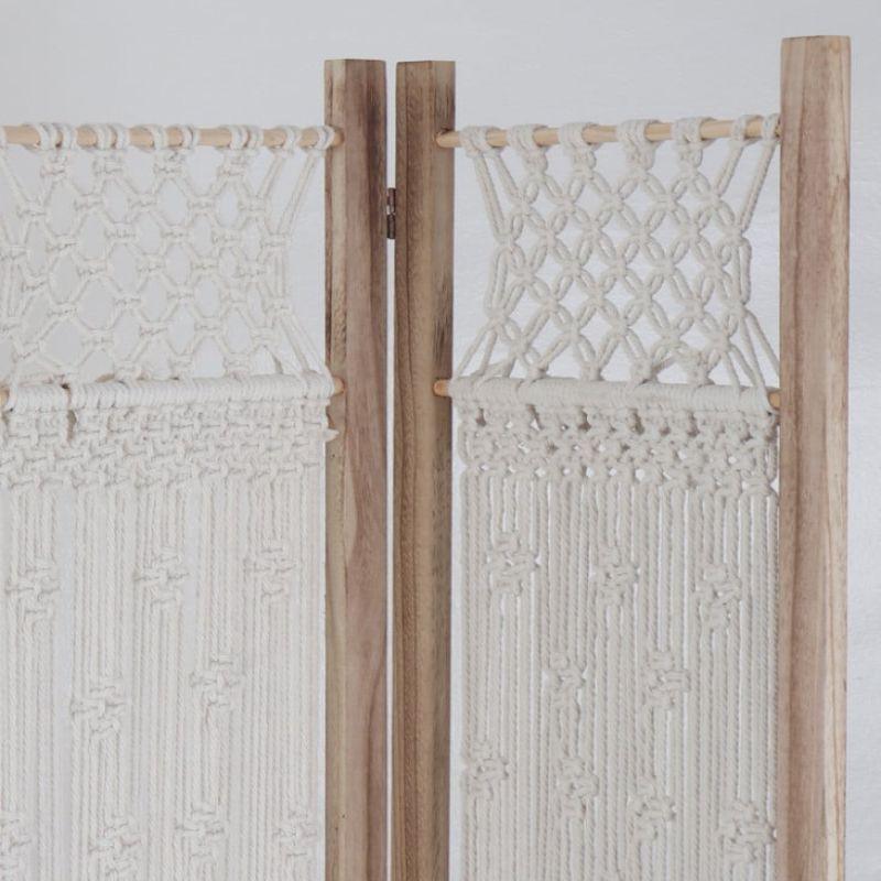 Hollow Wooden Partition 4 Pieces - Wood + Fabric - White And Beige - 110111951 - By Alhome - ALHOME