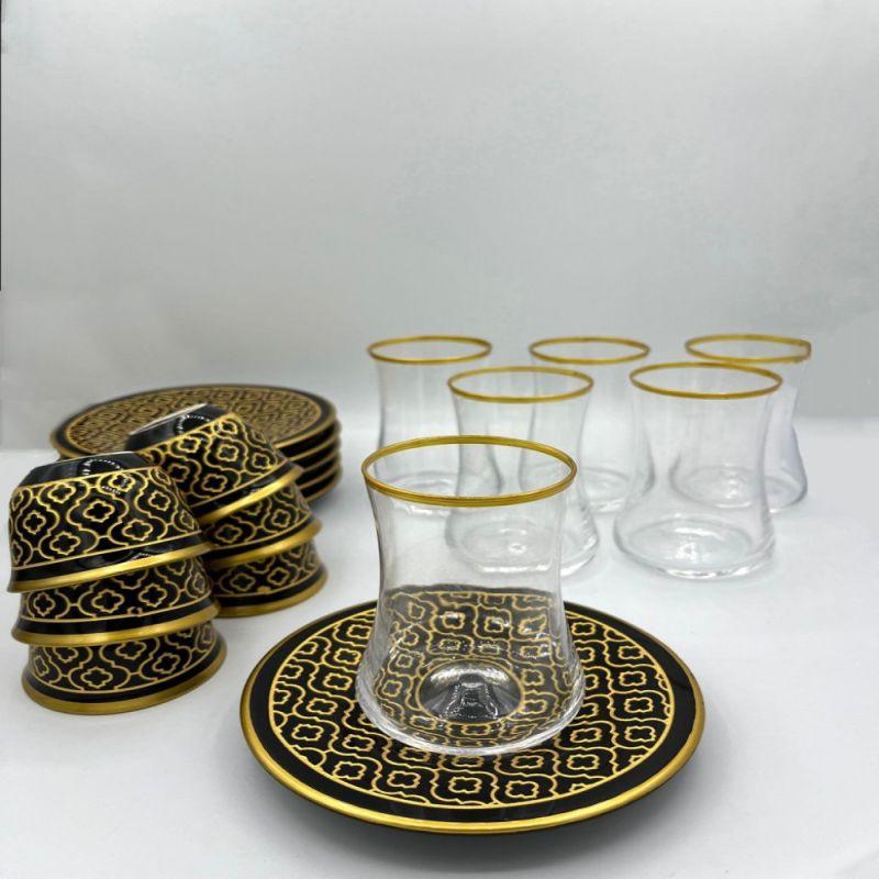 Cups And Coasters Set - 24 Pieces - Black And Gold - By Alhome - ALHOME