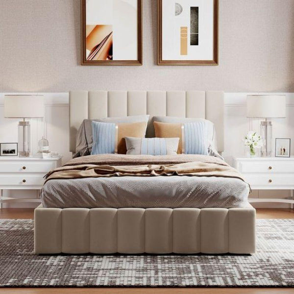 King Bed in Beige Velvet with Swedish Wood Frame By Alhome - 110112442 - ALHOME