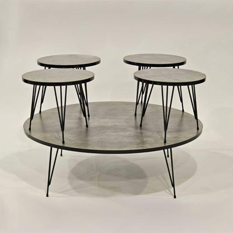 Set of 4+1 round service tables with a wooden top and gray-black iron bases By Alhome - ALHOME