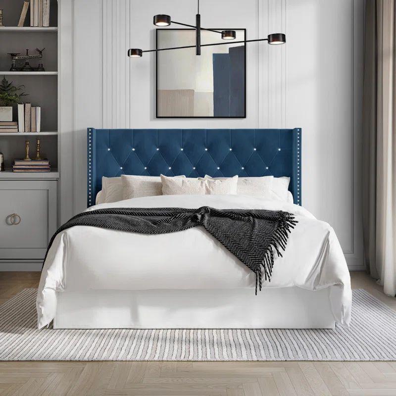 Super King Bed in White Blue Velvet with Swedish Wood Frame By Alhome - ALHOME