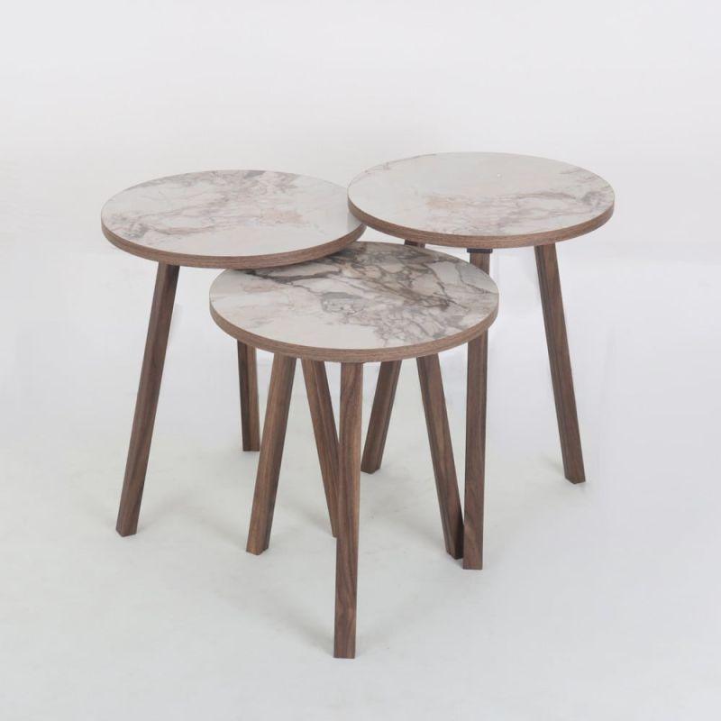 Set of 3 Circular Wooden Service Tables In Brown And Marble By Alhome - ALHOME