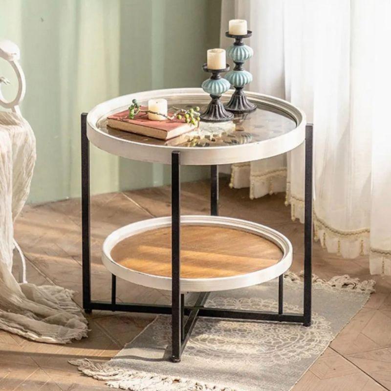 Circular Center Table With 2 Wooden Surfaces And Metal Frame - White By Alhome - ALHOME