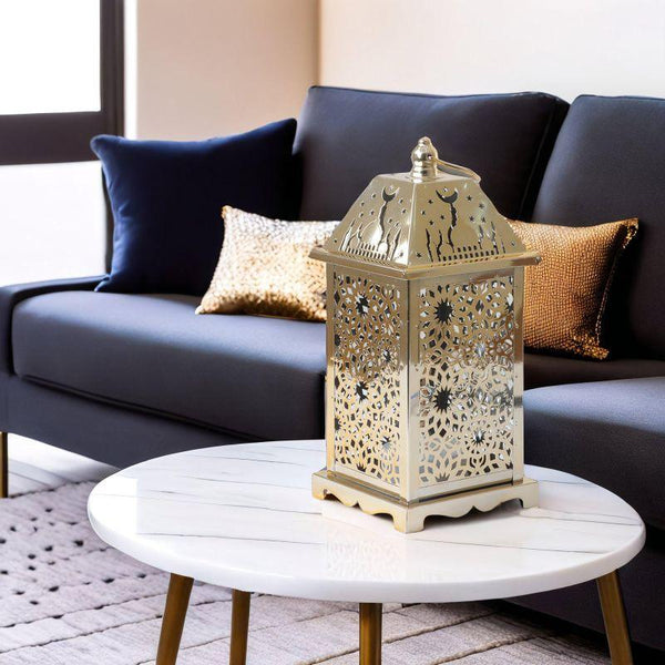 Steel Square Ramadan Lantern With Led Lighting - Gold - 27X12X12 Cm - By Family Ship - ALHOME