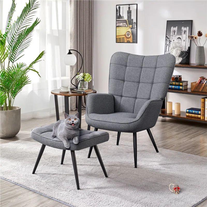 Contemporary Gray Linen Chair and Pouf Set Swedish Wood By Alhome - ALHOME