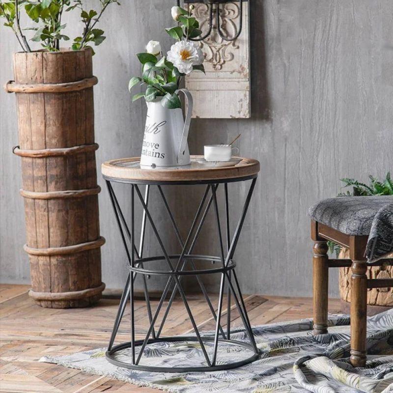 Side Tables Rustic Corner With Wooden Edges And Black Iron Bases With A Glass Top By Alhome - ALHOME