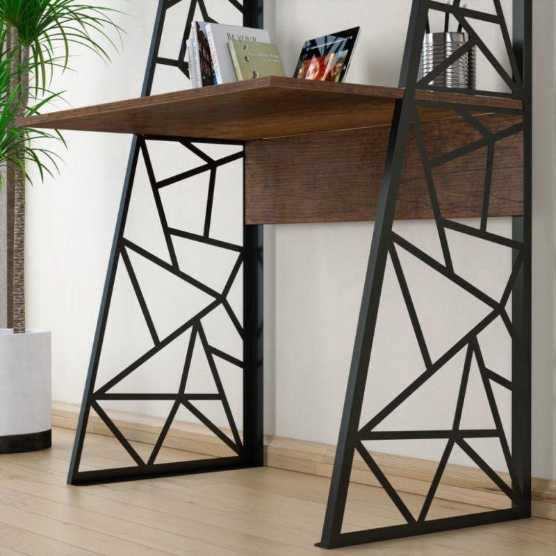 Wooden Computer Table With Shelves - Wood And Iron - Dark Brown - By Alhome - ALHOME