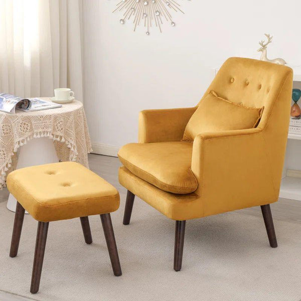 Bright Yellow Velvet Chair and Pouf Set Swedish Wood By Alhome - ALHOME