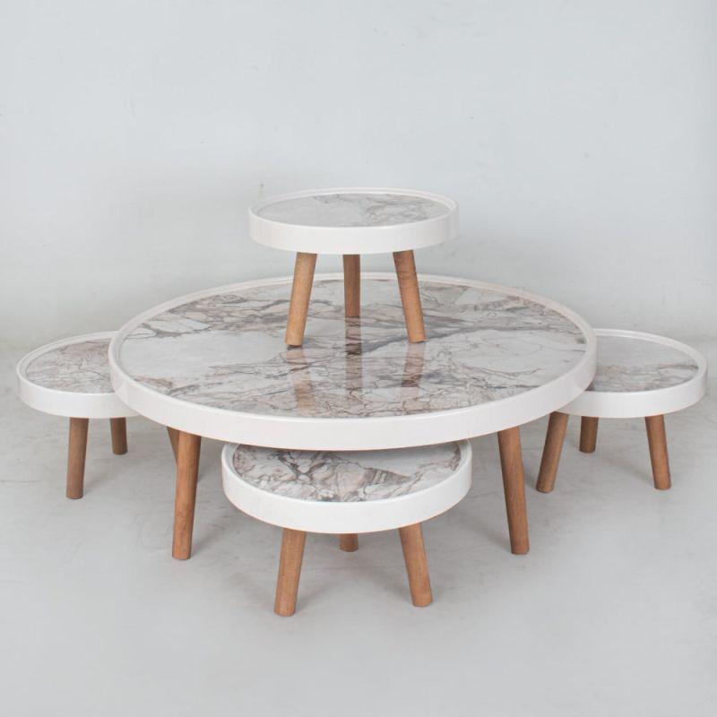 Set of 4+1 Round White Marble Wooden Floor Tables By Alhome - ALHOME