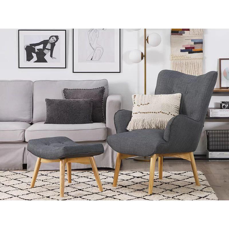 Modern Gray Linen Chair and Pouf Set Swedish Wood By Alhome - 110110773 - ALHOME