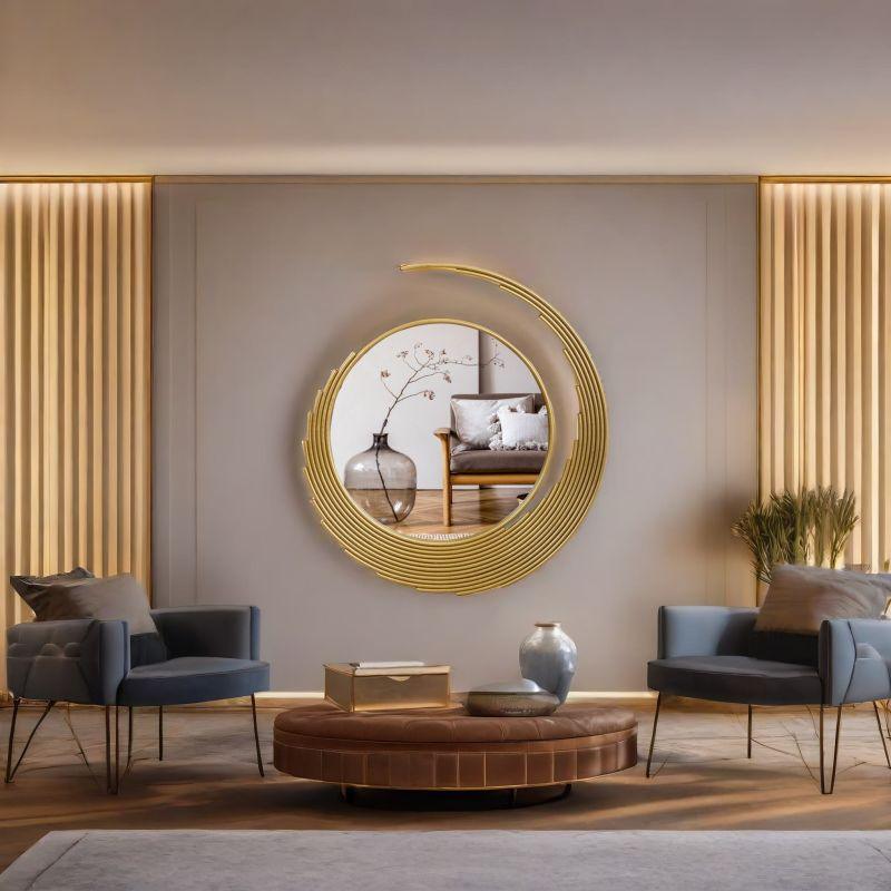 Round Wall Mirror with Side Decoration and Iron Frame - Gold - 66x73x2.5 cm - By Family Ship - ALHOME