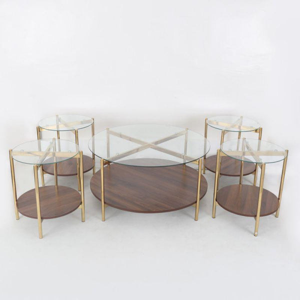 Golden Wooden Service Tables Set With Wooden Surfaces And Glass 4+1 By Alhome - ALHOME