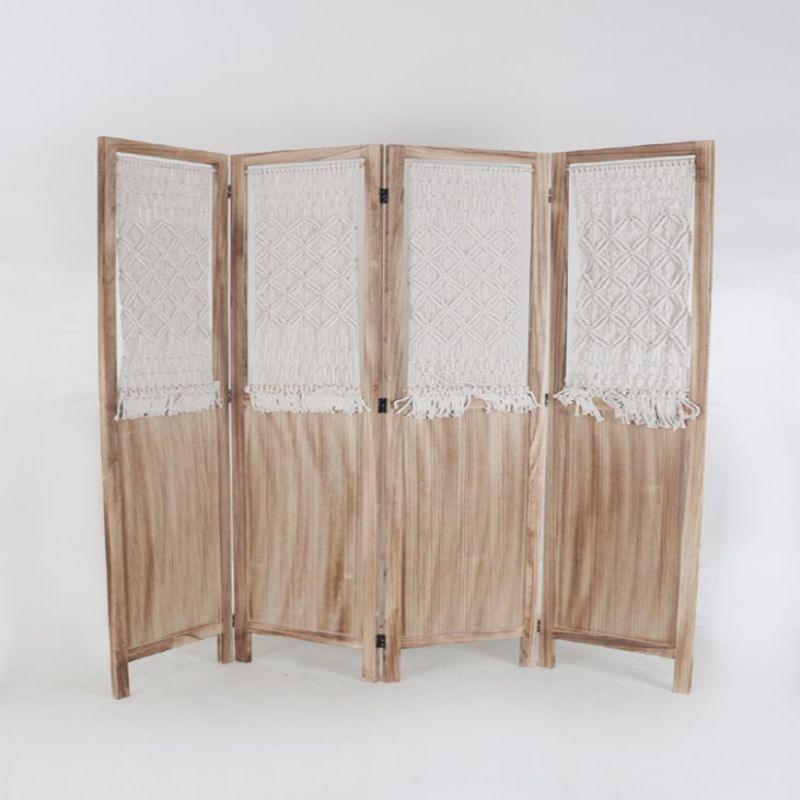 Hollow Wooden Partition 4 Pieces - Wood + Fabric - White And Beige - 110111949 - By Alhome - ALHOME