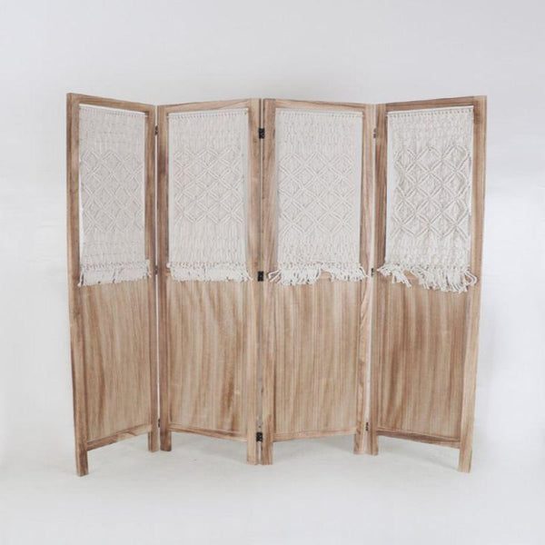 Hollow Wooden Partition 4 Pieces - Wood + Fabric - White And Beige - 110111949 - By Alhome - ALHOME