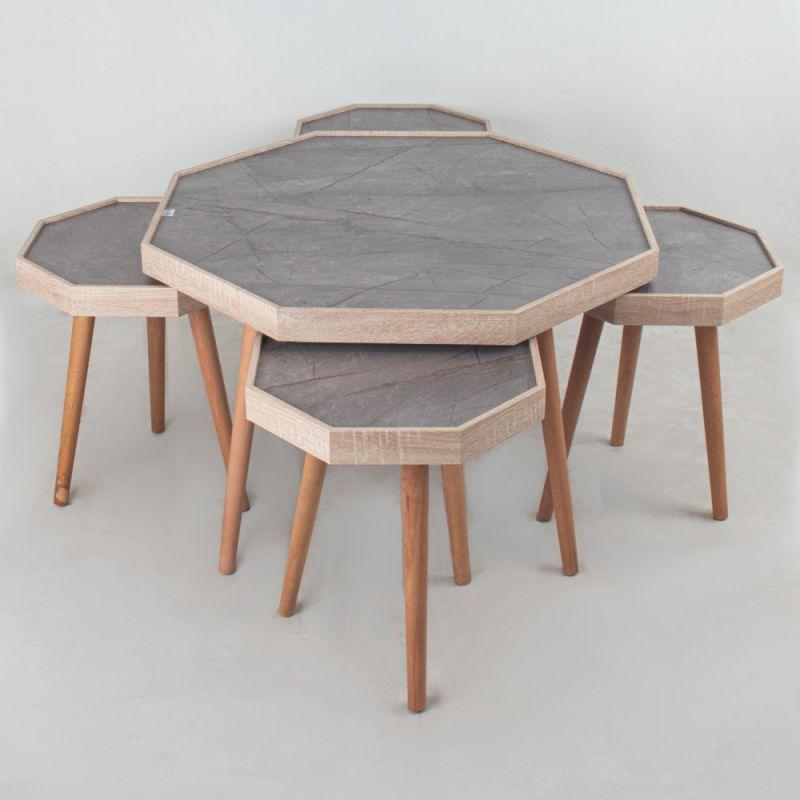 1+4 Table Set With Marble Top And Brown Wooden Bases by Alhome - 110112032 - ALHOME