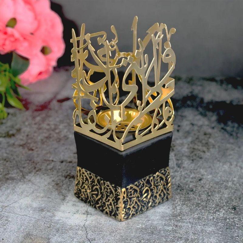 Ceramic Incense Burner With Square Base And Golden Sayings - 17 cm - Gold And Black By Family Ship - ALHOME