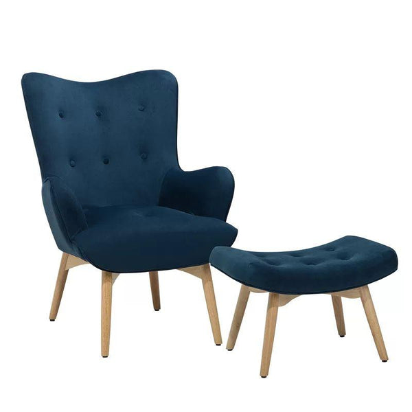 Navy Blue Velvet Chair and Pouf Set Swedish Wood By Alhome - ALHOME