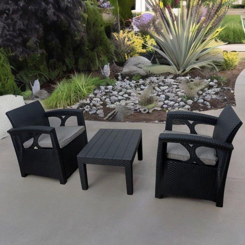 Plastic outdoor garden seating - table and 2 chairs - black - By Family Ship - ASL-6818 - ALHOME