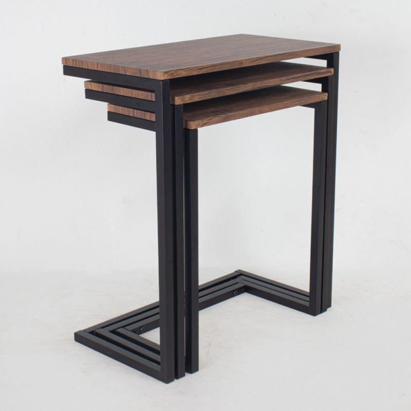 Table Set Of 3 Service Tables With Black Iron Bases And A Dark Wooden Top By Alhome - ALHOME