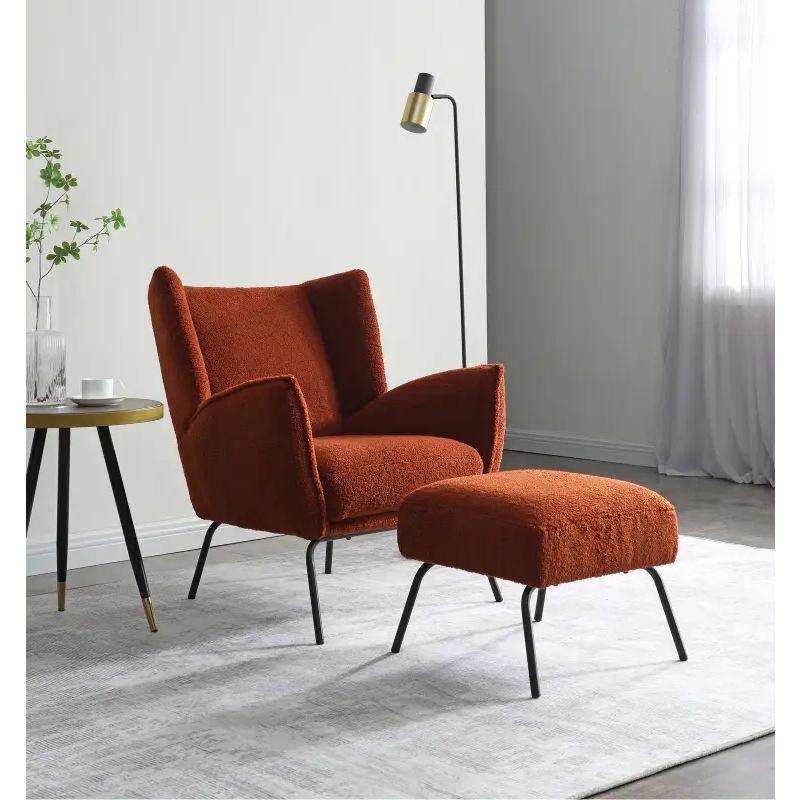 Fiery Red Boucle Chair and Pouf Set Swedish Wood By Alhome - ALHOME