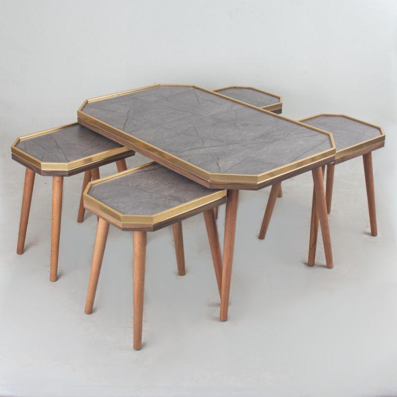 1+4 Table Set With Gray Top And Golden Edges And Brown Wooden Bases By Alhome - ALHOME