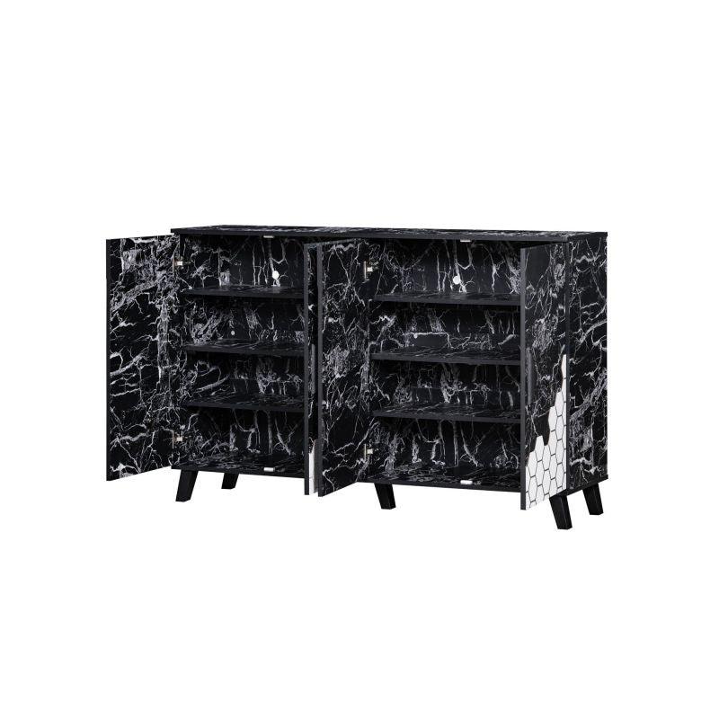 Shoe Cabinet With 4 Doors In Honeycomb Shape From Malaysian Wooden - Black Marble And White - 160x35x96 cm - By Baity - ALHOME